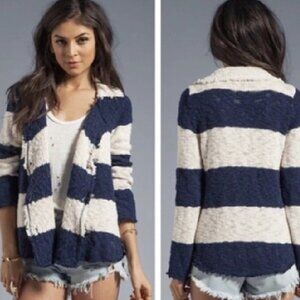 Free People Navy Blue and Cream Stripe Coat of Arms Jacket Cardigan Medium